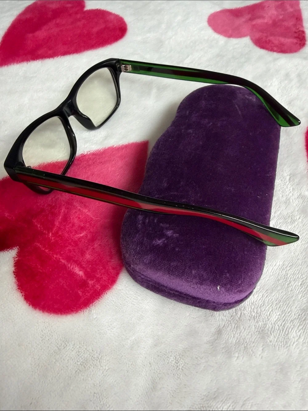 Gucci Black Frames with Green Temples and Purple Case